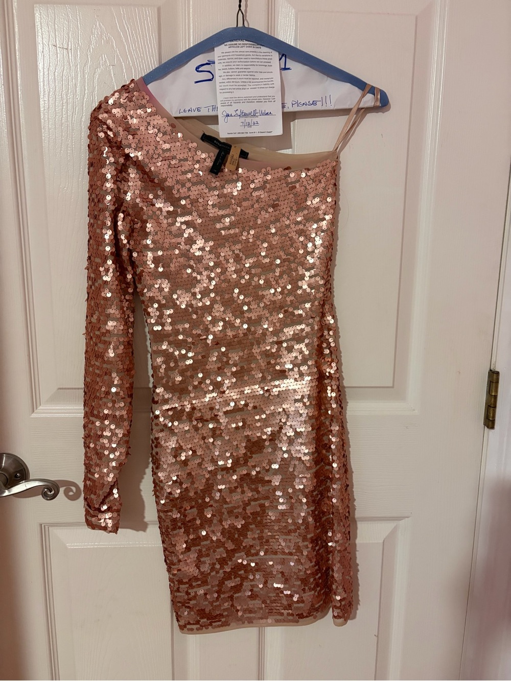 BCBG One-Shoulder Rose Gold Sequin Mini Dress